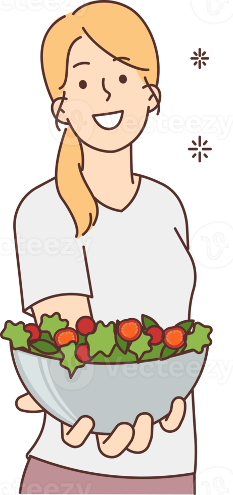 Smiling woman hold bowl of vegetarian salad png