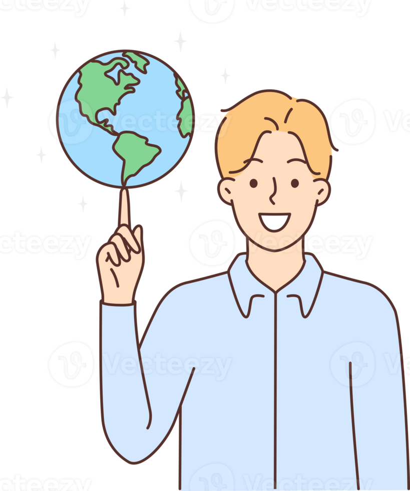 Smiling man spin globe on finger png