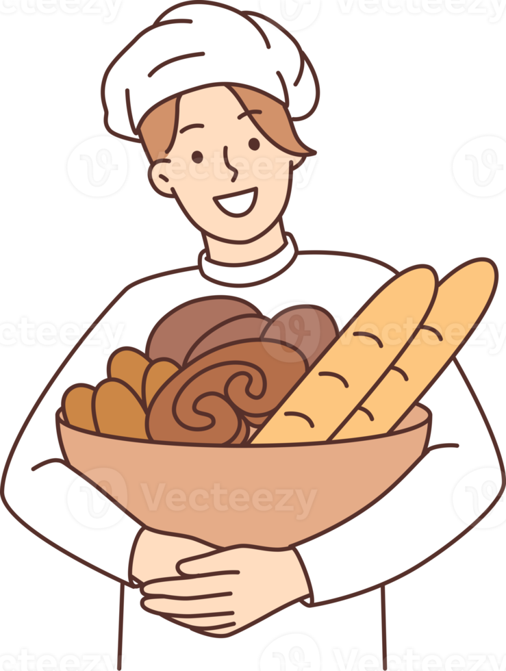 Smiling male baker with basket of fresh bread png