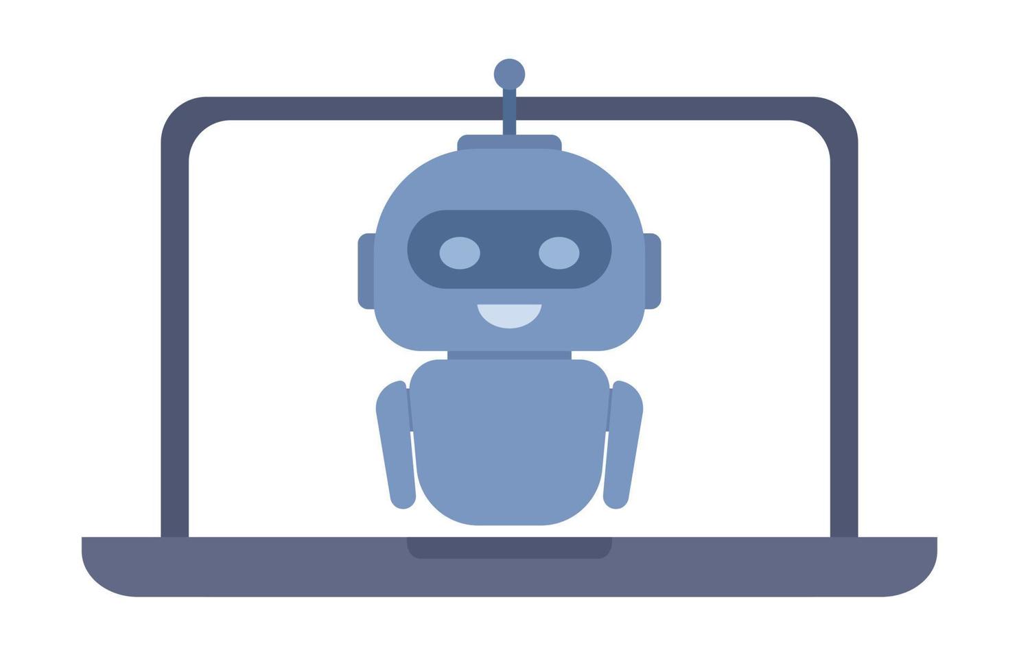 Chatbot on laptop screen icon. Artificial intelligence robot assistant. Online customer support. Vector flat illustration