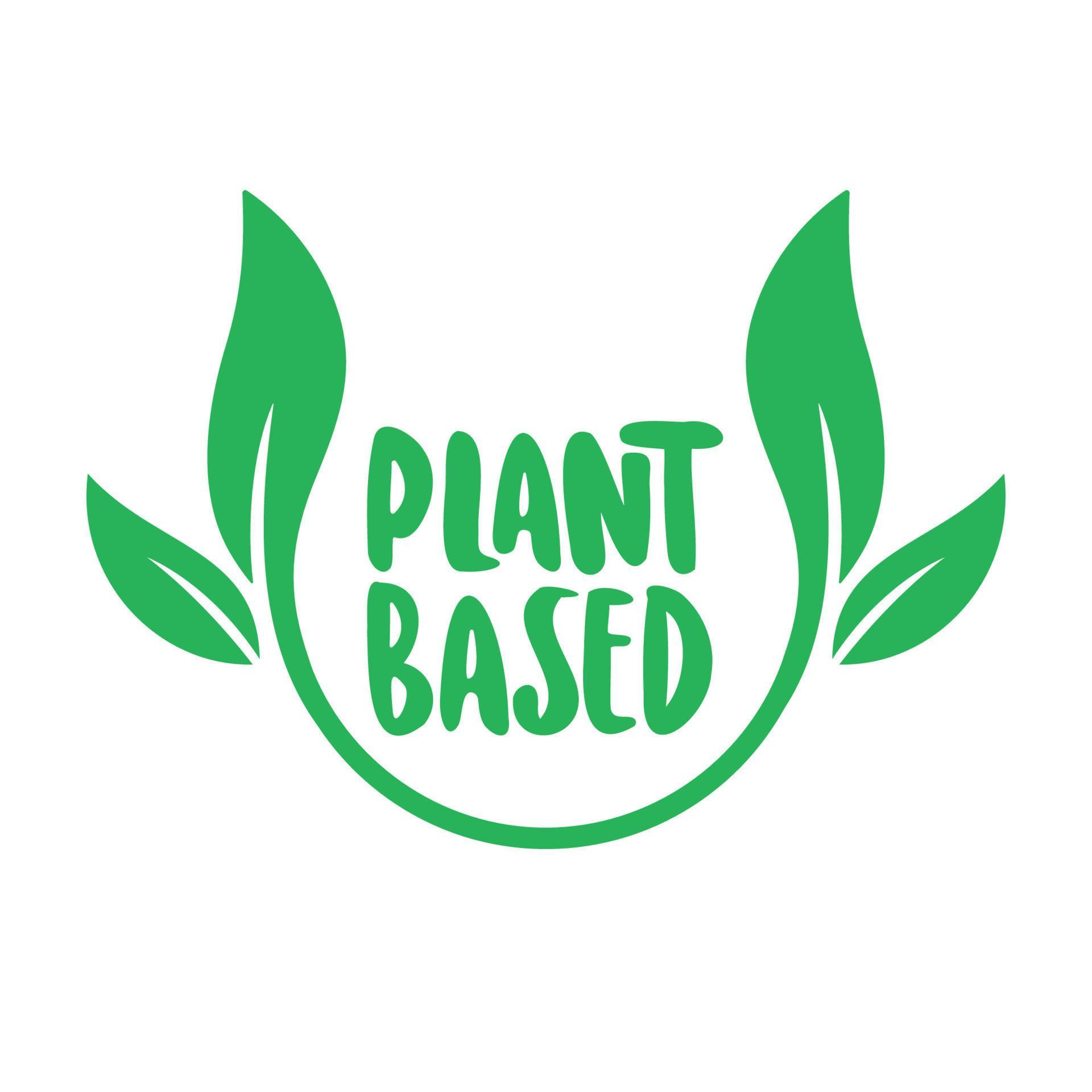 Plant based label. Text inside a circle with leaves around. Vegan
