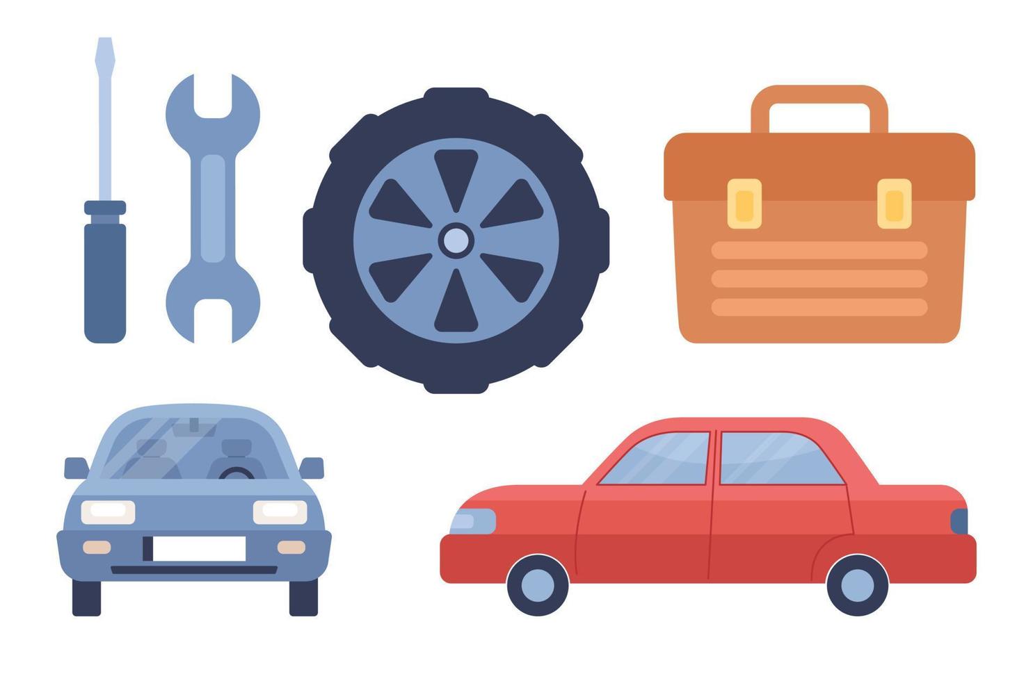 Auto service icon set. Car repair concept. Car tire, wrench, car, tools box. Vector flat illustration