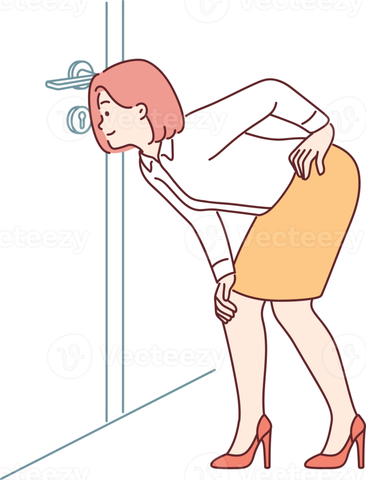 Curious woman look through keyhole in office png