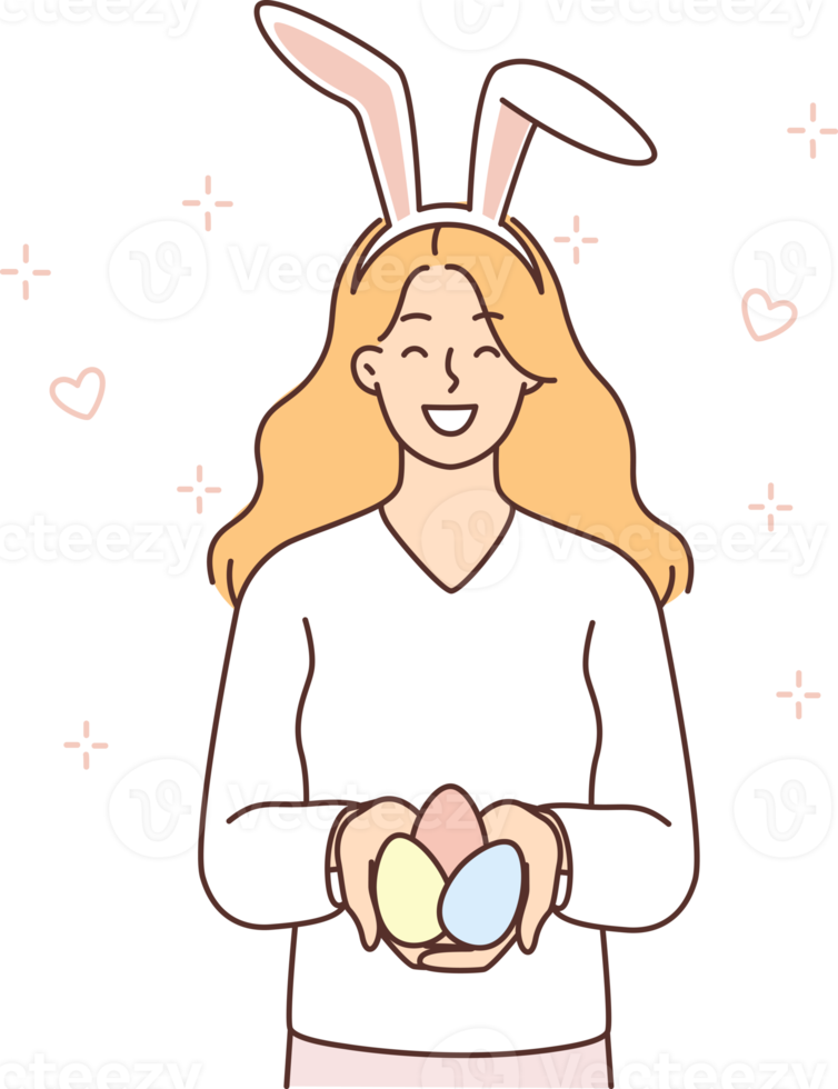 adolescenziale ragazza con coniglio orecchie su testa detiene Pasqua uova preparato per religioso cristiano vacanza png