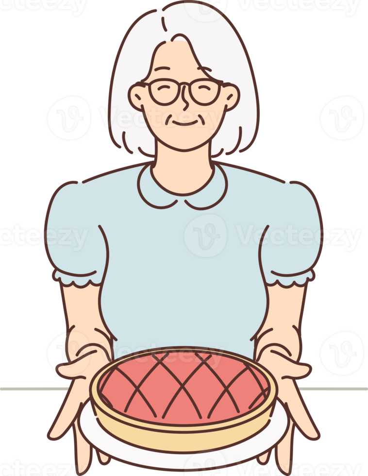 Smiling old grandmother hold homemade pie png