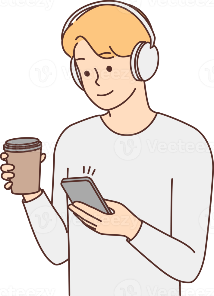 Man in headphones texting on smartphone png