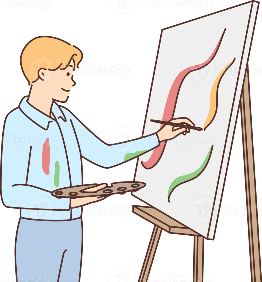 Young man drawing on easel png