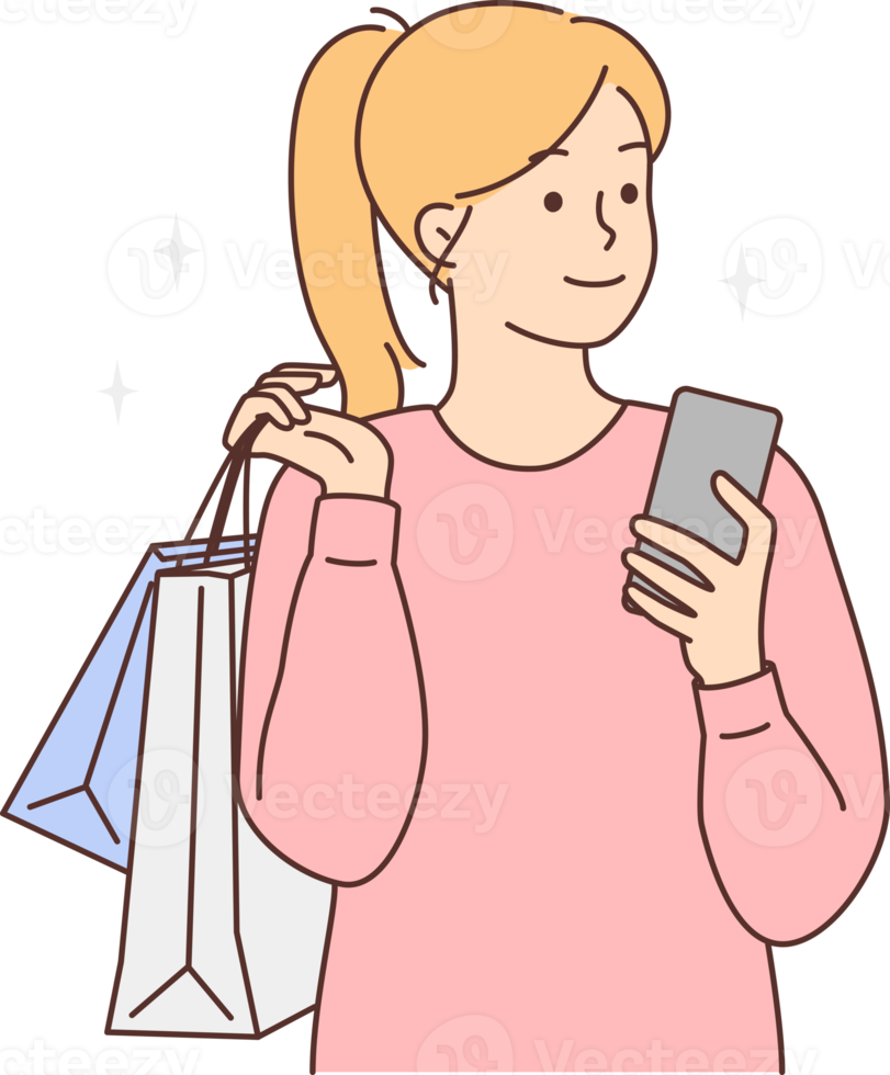 Happy woman with cellphone and shopping bags png