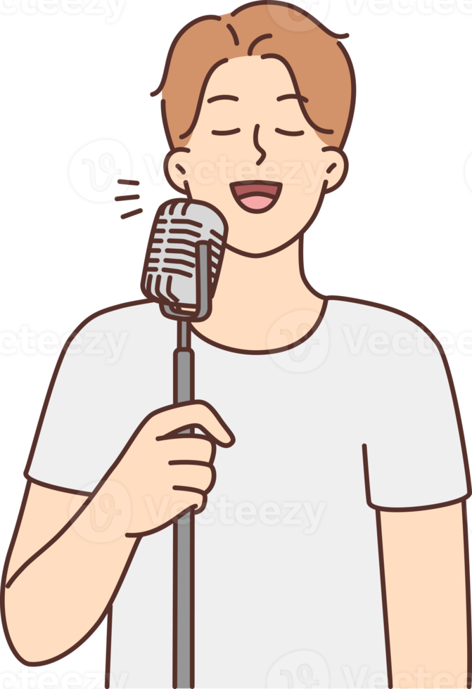 Smiling man sing in microphone png