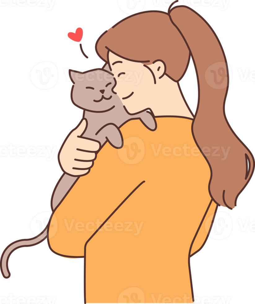 Happy girl hold cat in arms png