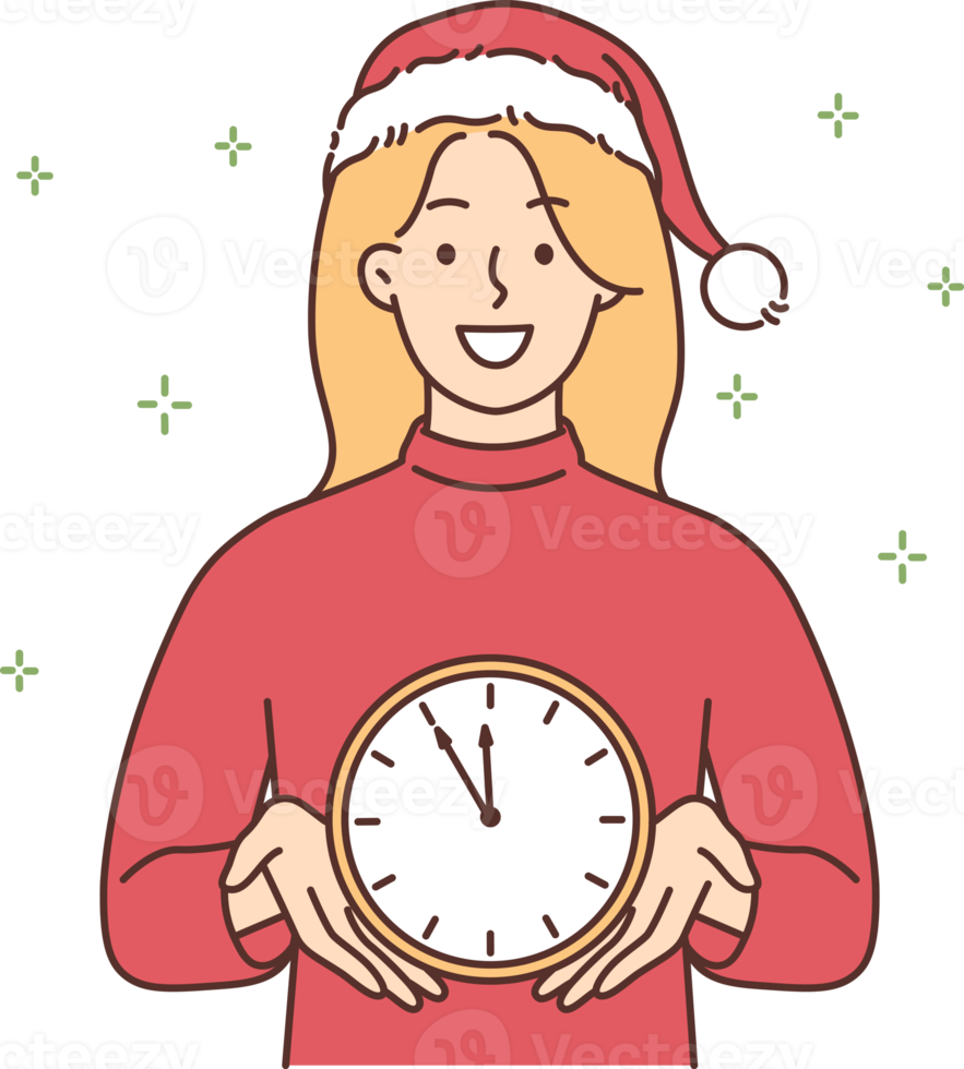 souriant femme dans Père Noël chapeau tenir l'horloge png