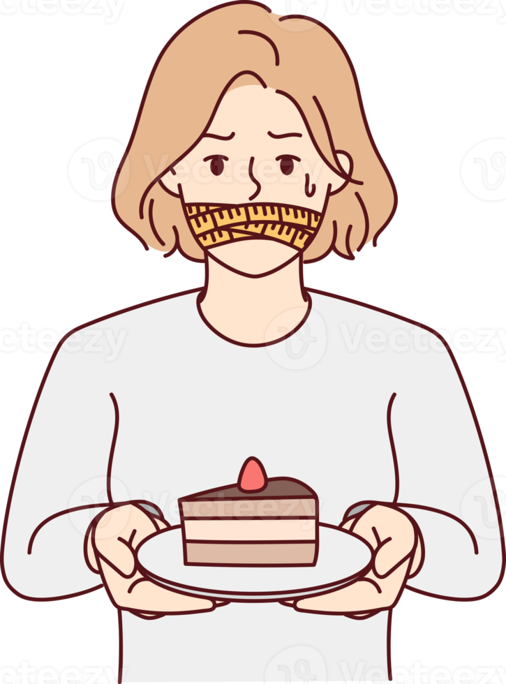Unhappy woman cover mouth refuse from cake png