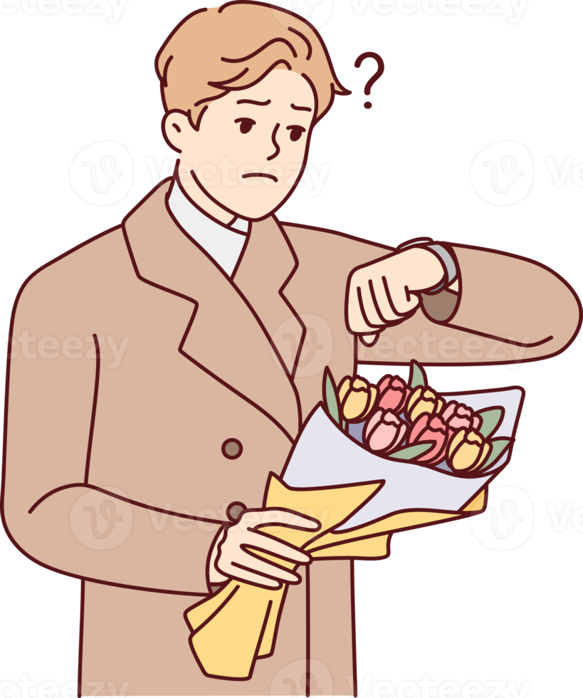 Upset man with flowers wait for date png