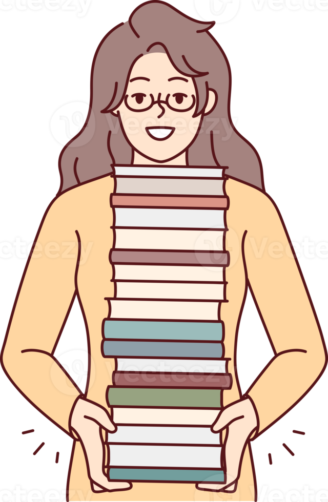 sonriente mujer con pila de libros png