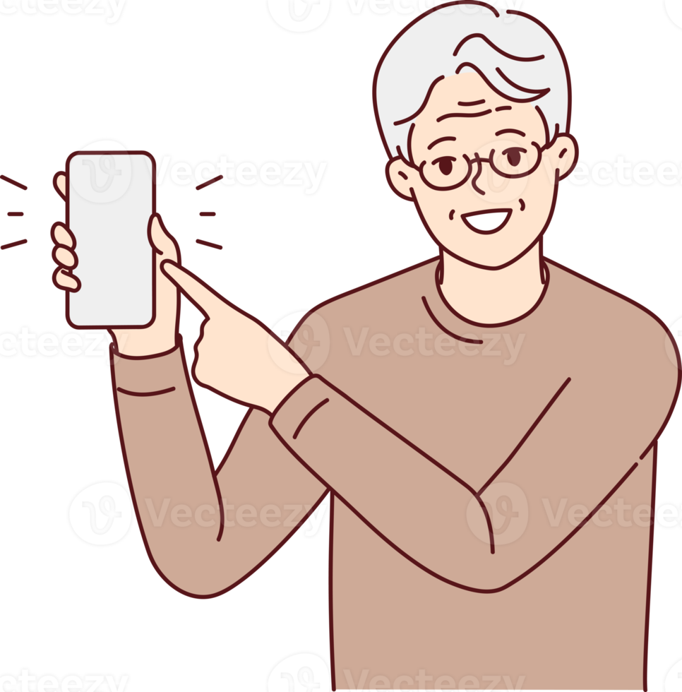 Smiling elderly man point at cell screen png