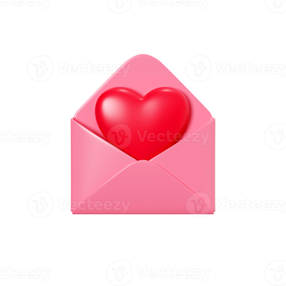 Love letter 3d render - open pink envelope with flying red heart. Romantic newsletter or message for romantic congratulation, invitation or Valentine day greeting. png