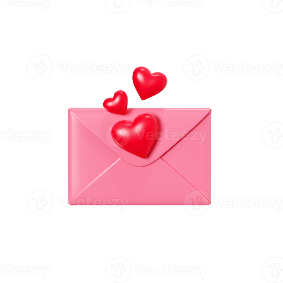 Love letter 3d render - closed pink envelope with red heart decoration. Romantic newsletter or message for romantic congratulation or Valentine day greeting. png