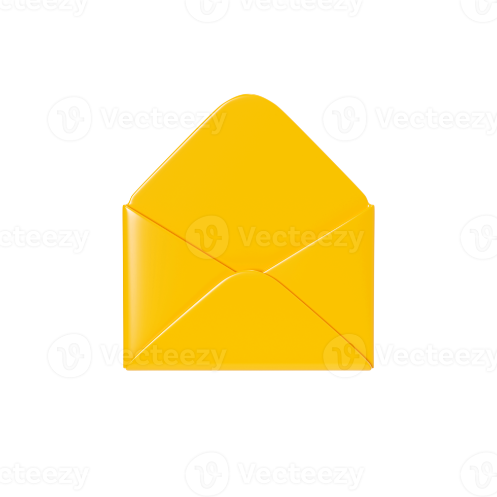 brev 3d framställa - öppen gul kuvert. ny post eller meddelande underrättelse. tecknad serie papper nyhetsbrev ikon för inkomst e-post eller post prenumeration begrepp. png