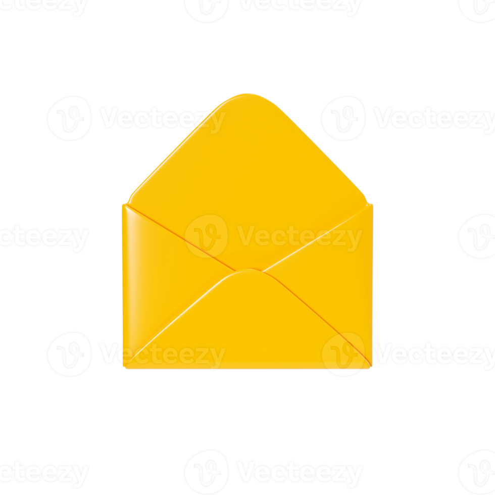 Letter 3d render - open yellow envelope. New mail or message notification. Cartoon paper newsletter icon for income email or postal subscription concept. png