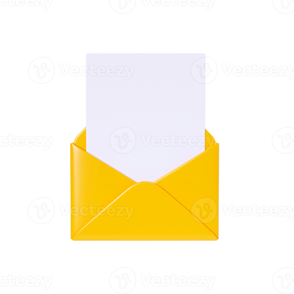 Letter 3d render - open yellow envelope with empty paper card. New mail or message notification. Cartoon newsletter icon for income email or postal subscription concept. png