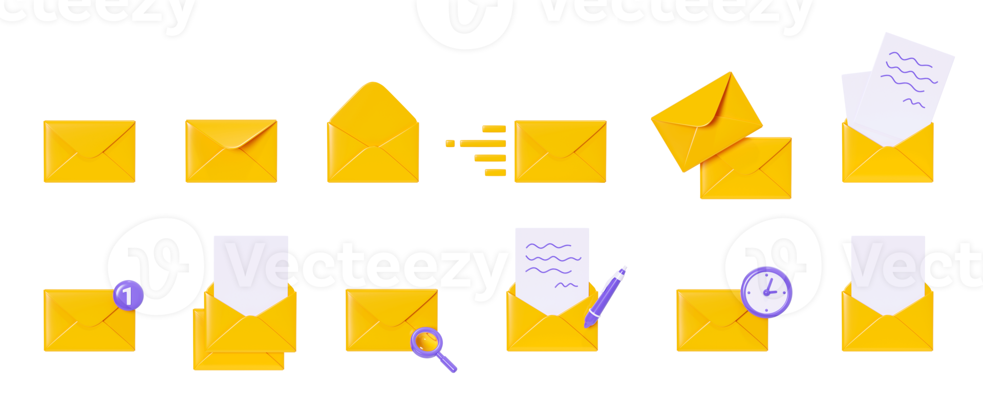 brev 3d framställa uppsättning - gul kuvert samling stängd och öppen med papper. sändning nyhetsbrev eller prenumeration begrepp. ikoner för sändning meddelande förbi post. png