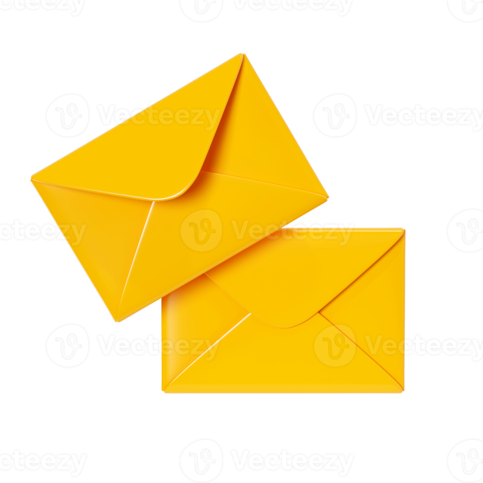 Letter 3d render. Two yellow envelopes - closed and open. New mail or message notification. Cartoon paper newsletter icon for income email or postal subscription concept. png