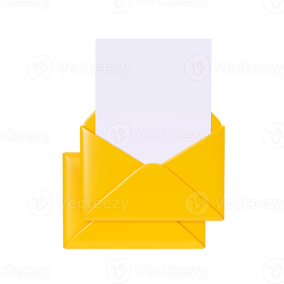 Letter 3d render - open yellow envelope with empty paper card. New mail or message notification. Cartoon newsletter icon for income email or postal subscription concept. png