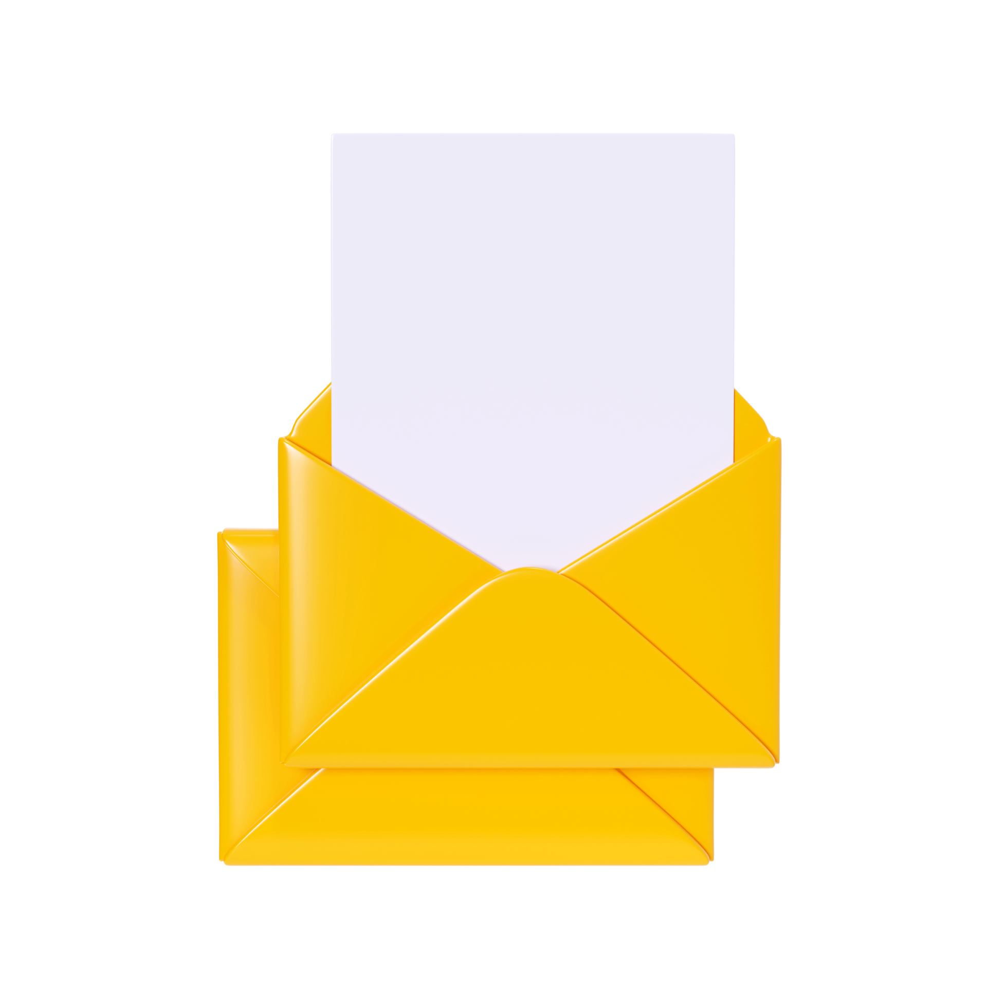 Letter 3d render open yellow envelope with empty paper card. New mail