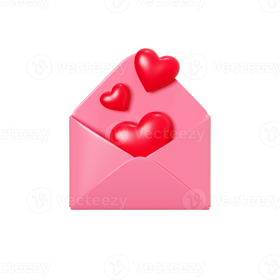 Love letter 3d render - open pink envelope with flying red heart. Romantic newsletter or message for romantic congratulation, invitation or Valentine day greeting. png