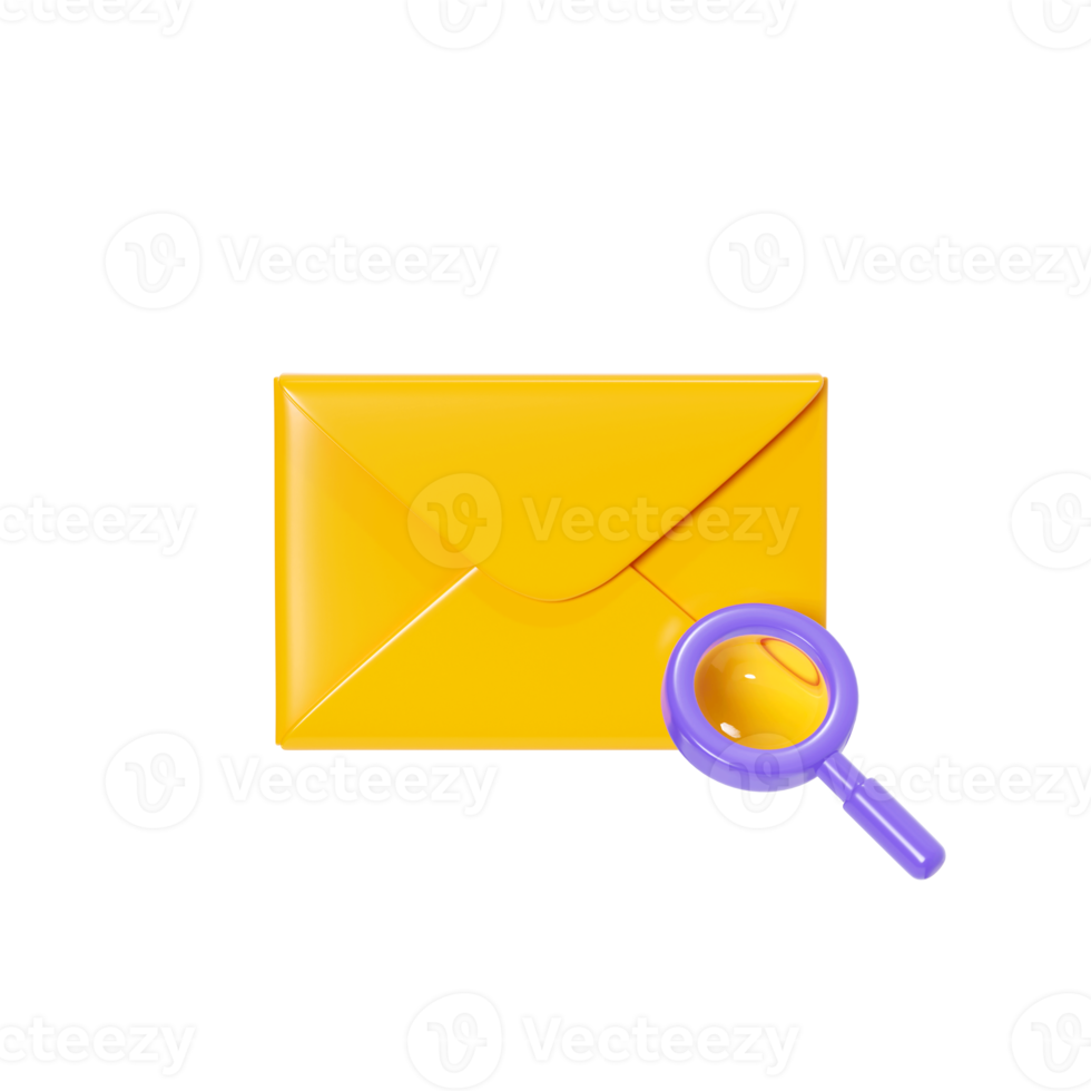 Letter 3d render - closed yellow envelope with magnifier glass. New mail or message notification. png