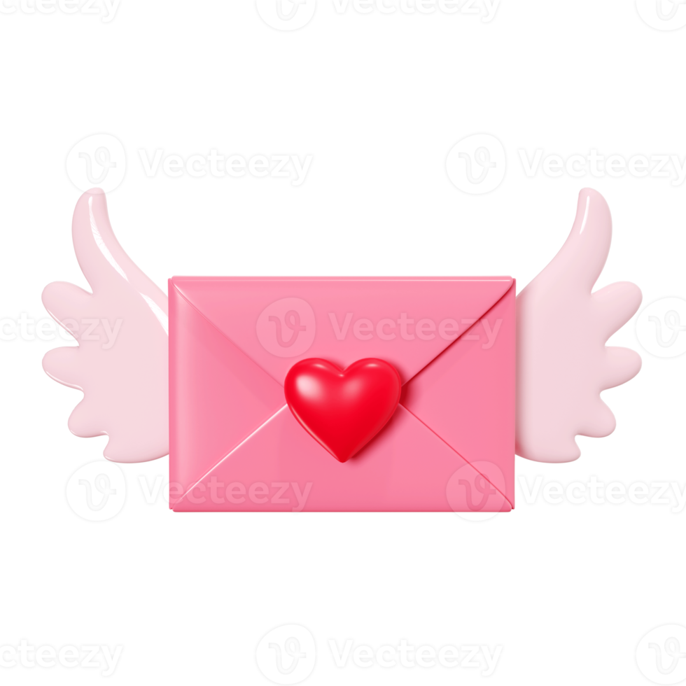 Love letter 3d render - closed pink envelope with red heart decoration and wings. Romantic newsletter or message for romantic congratulation or Valentine day greeting.. png