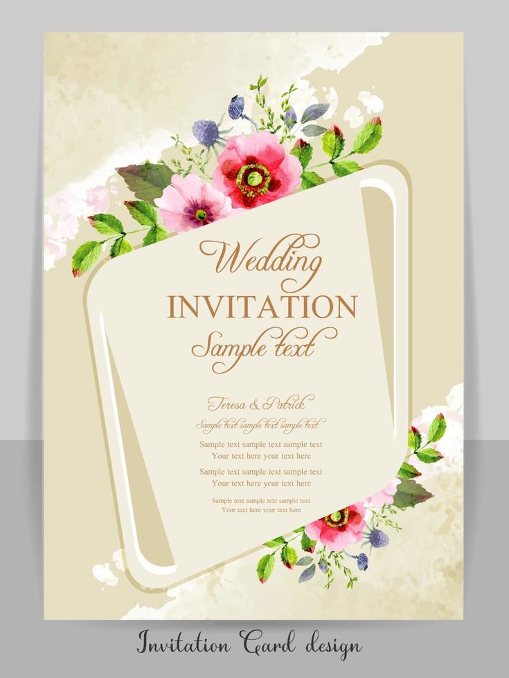 Invitation Card with beautiful blooming floral watercolor background. Beautiful hand drawing Wedding invitation design pink rose invitation template. Elegant wedding card with beautiful floral vector. vector