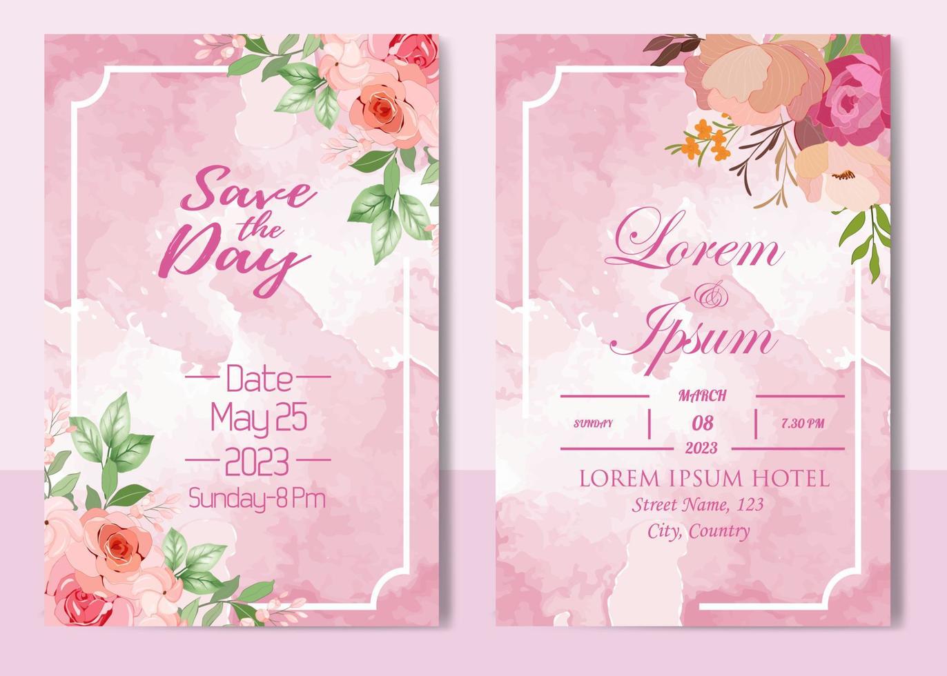 invitación tarjeta con hermosa floreciente floral acuarela antecedentes. elegante Boda tarjeta con hermosa floral vector. hermosa mano dibujo Boda invitación diseño rosado Rosa invitación modelo. vector