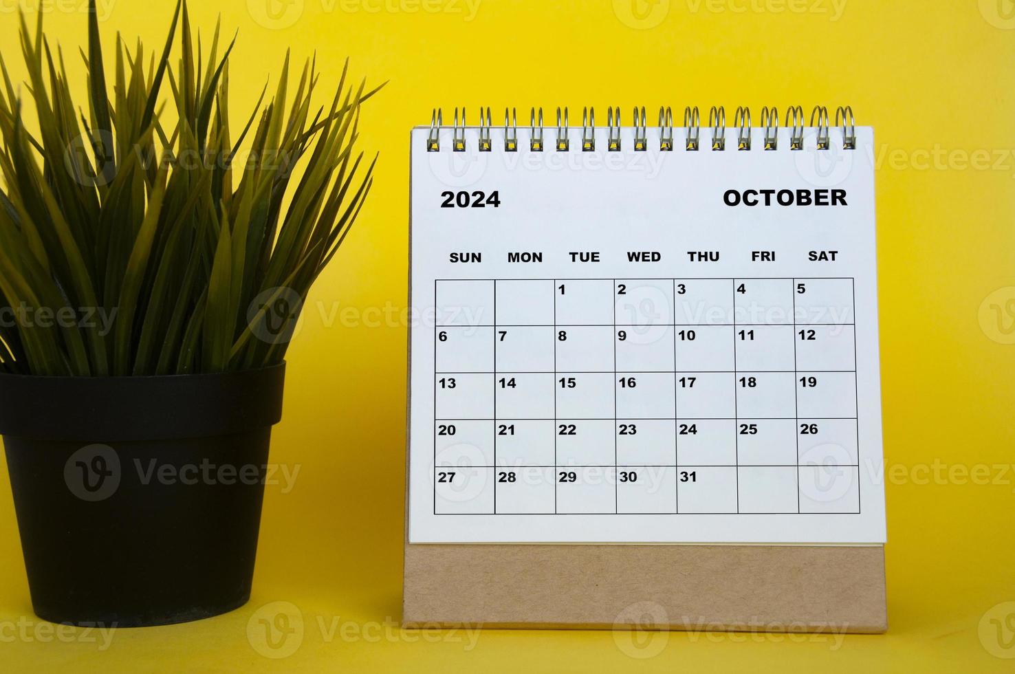 October 2024 month calendar with table plant on yellow cover background. Monthly calendar concept photo