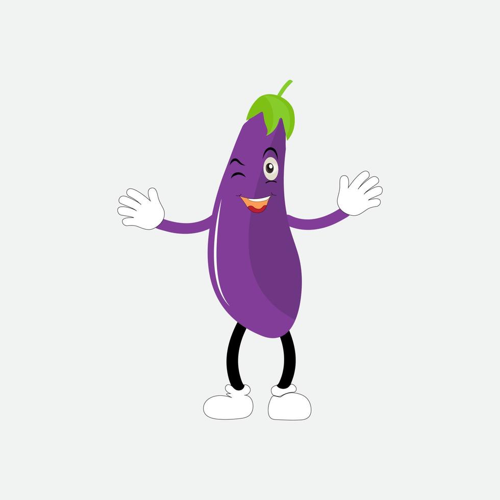 Cute eggplant character vector illustration. Flat eggplant cartoon character waving. Minimal purple eggplant fruit design for children books. Eggplant cartoon character
