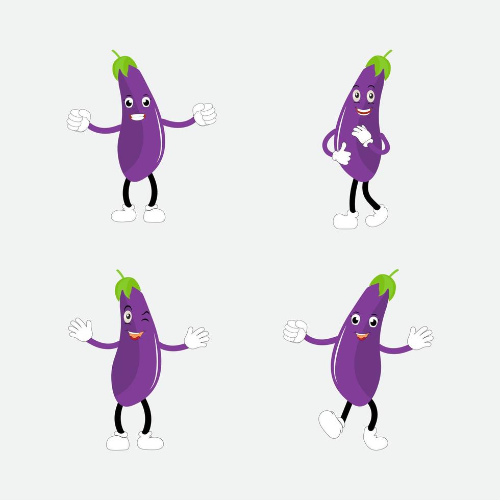 Cute eggplant character vector illustration. Flat eggplant cartoon character waving. Minimal purple eggplant fruit design for children books. Eggplant cartoon character