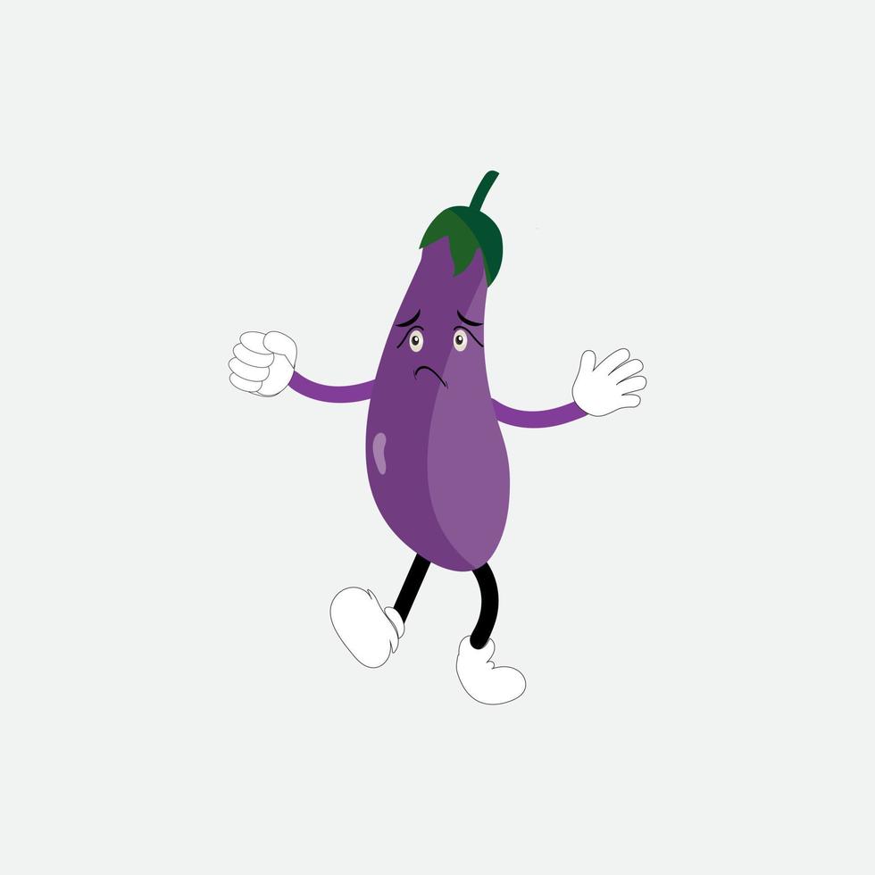 Cute eggplant character vector illustration. Flat eggplant cartoon character waving. Minimal purple eggplant fruit design for children books. Eggplant cartoon character