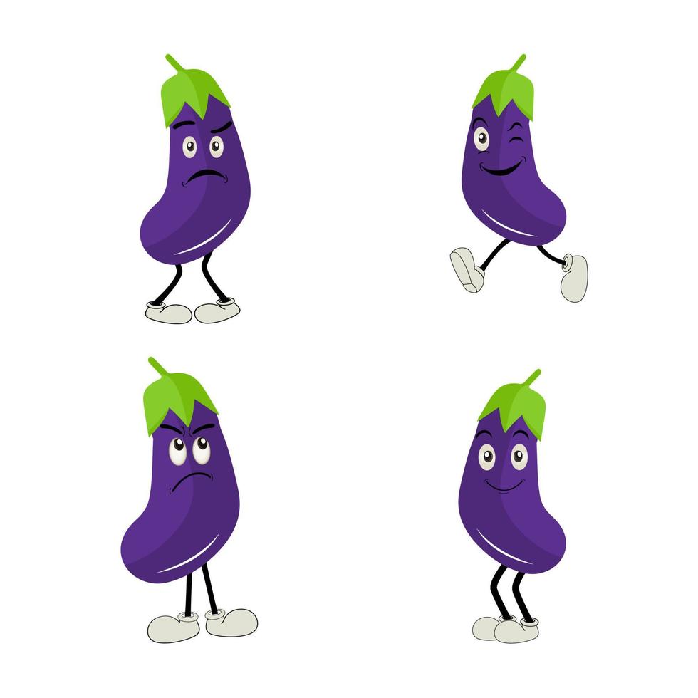 Cute eggplant character vector illustration. Flat eggplant cartoon character waving. Minimal purple eggplant fruit design for children books. Eggplant cartoon character