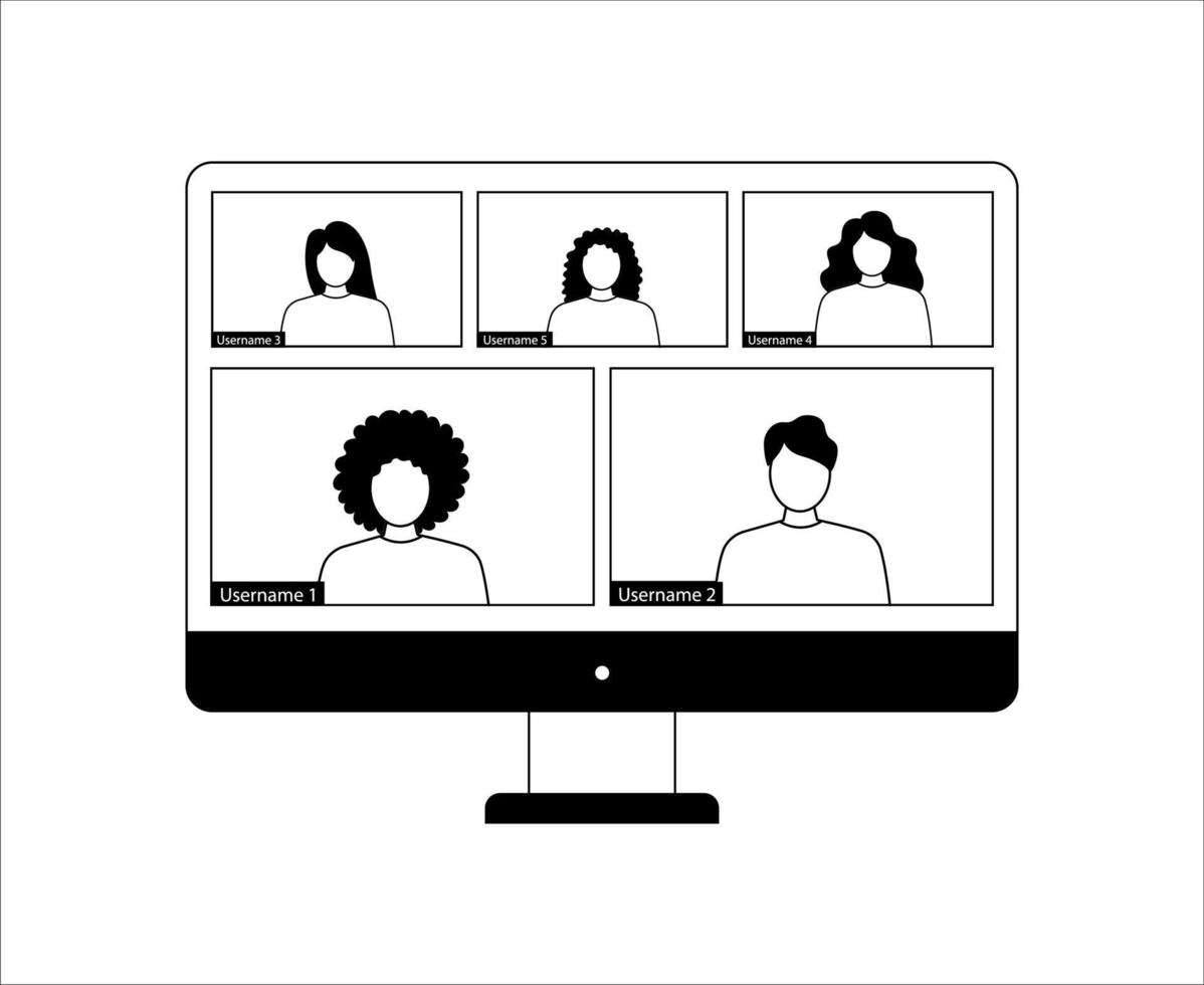 Illustration for video conferencing and meetings application on desktop. Five users vector