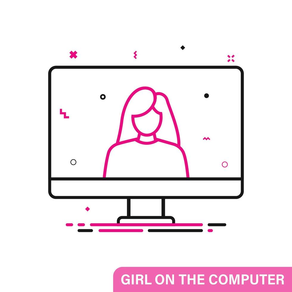 Girl on the computer. Flat simple icon vector