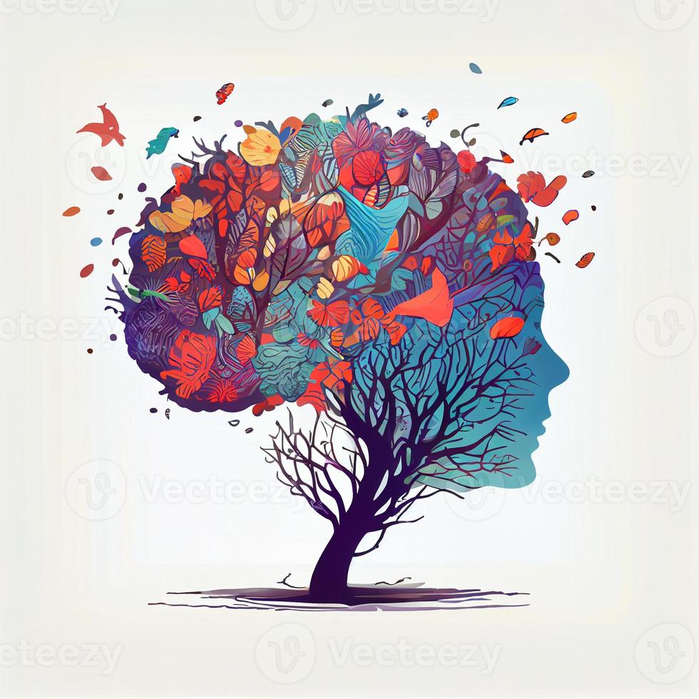 Human brain tree with flowers and butterflies, concept of self care, mind, ideas, creativity - AI generated image photo