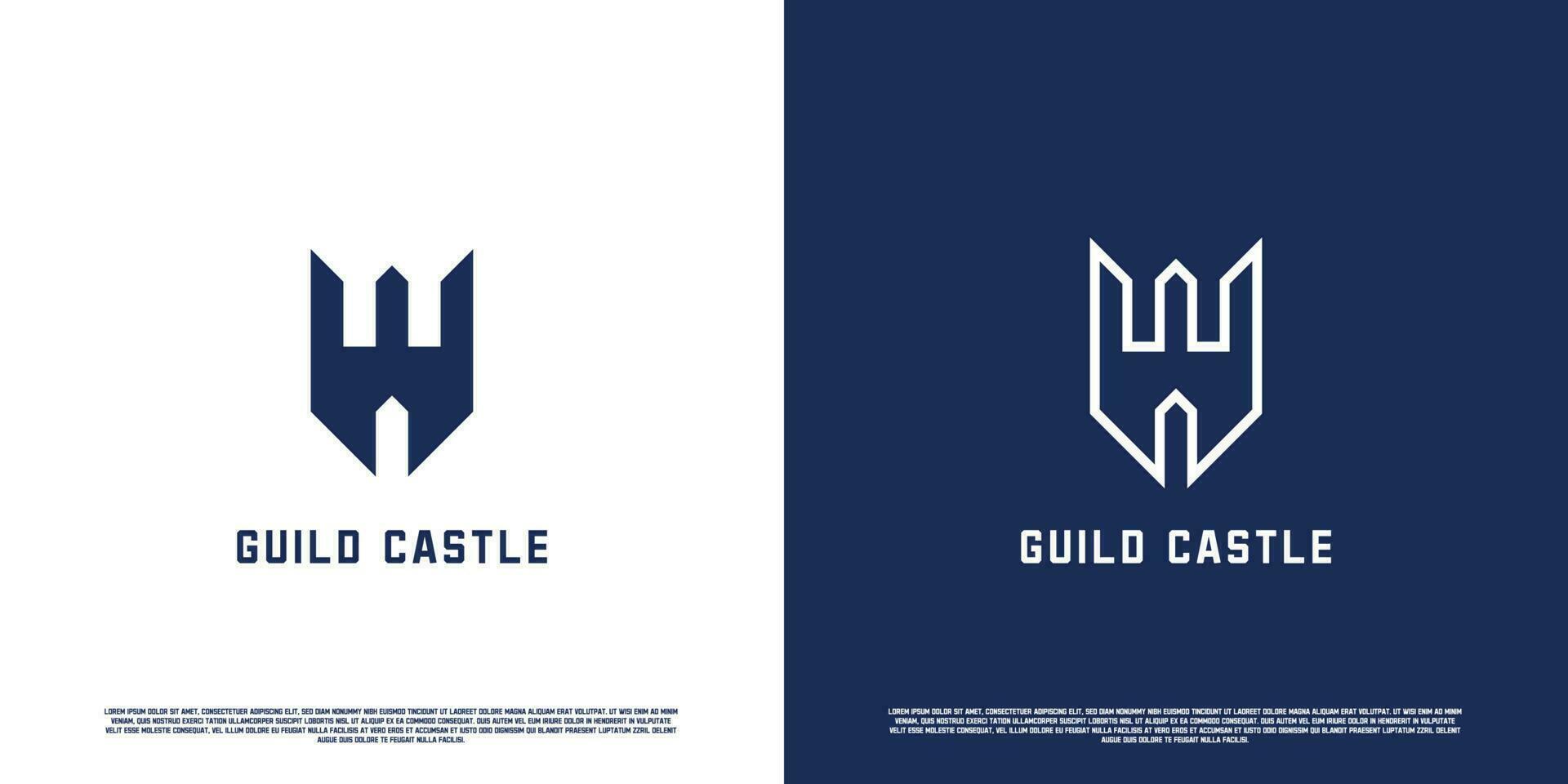 Illustration of W letter logo design for castle. Silhouette of letter W blue castle brick tower guild kingdom kingdom. Simple medieval building icon template. Perfect for corporate branding. vector