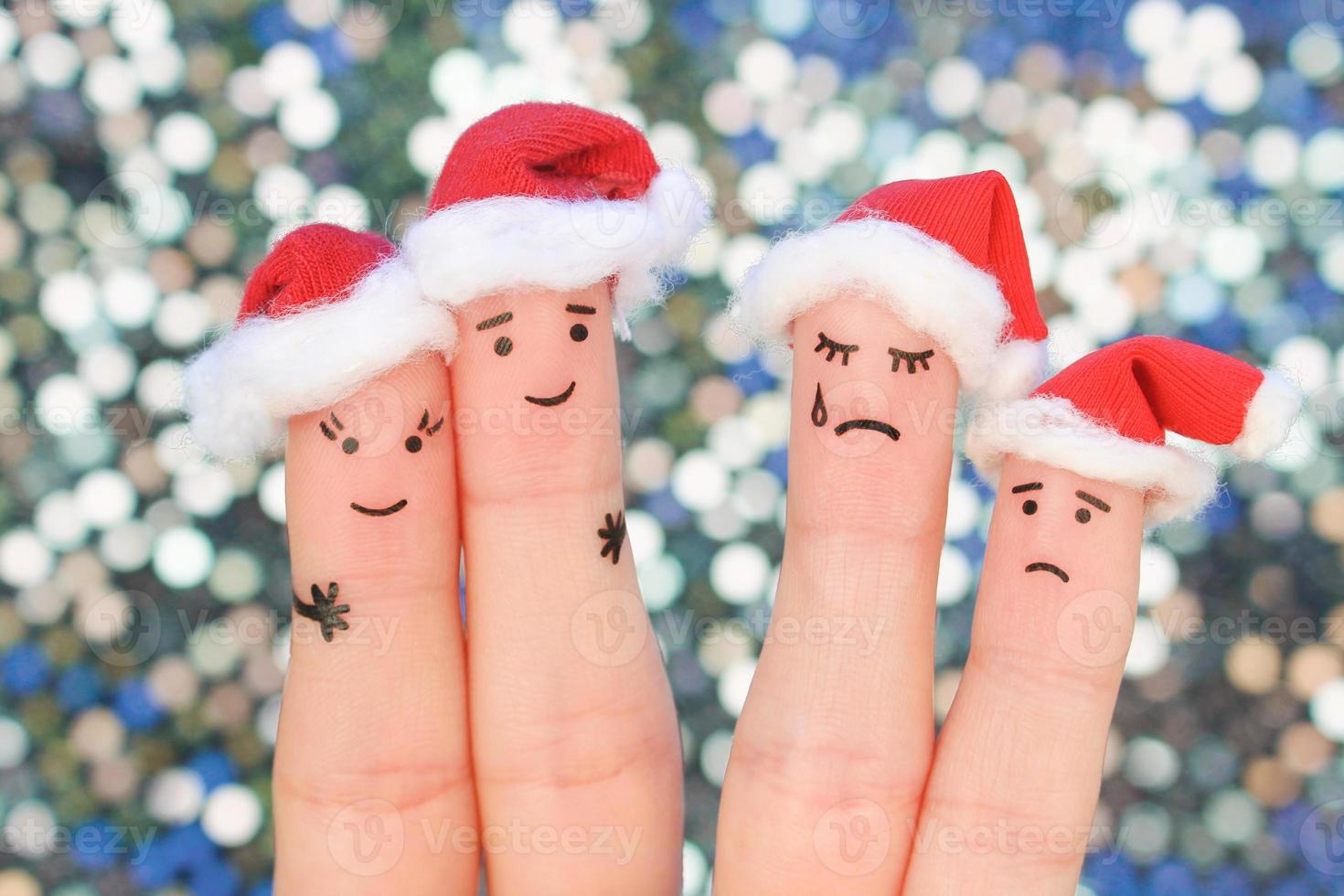 dedos Arte de Pareja celebra Navidad en nuevo año sombreros. tonificado imagen. foto