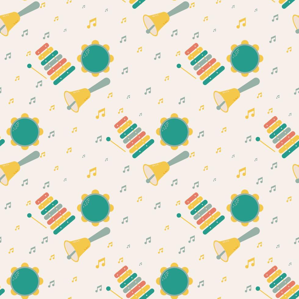 Vector seamless pattern of kids musical instruments with notes drawn in cartoon flat style. Isolated on beige background cute childrens musical toys - bell, xylophone and tambourine.