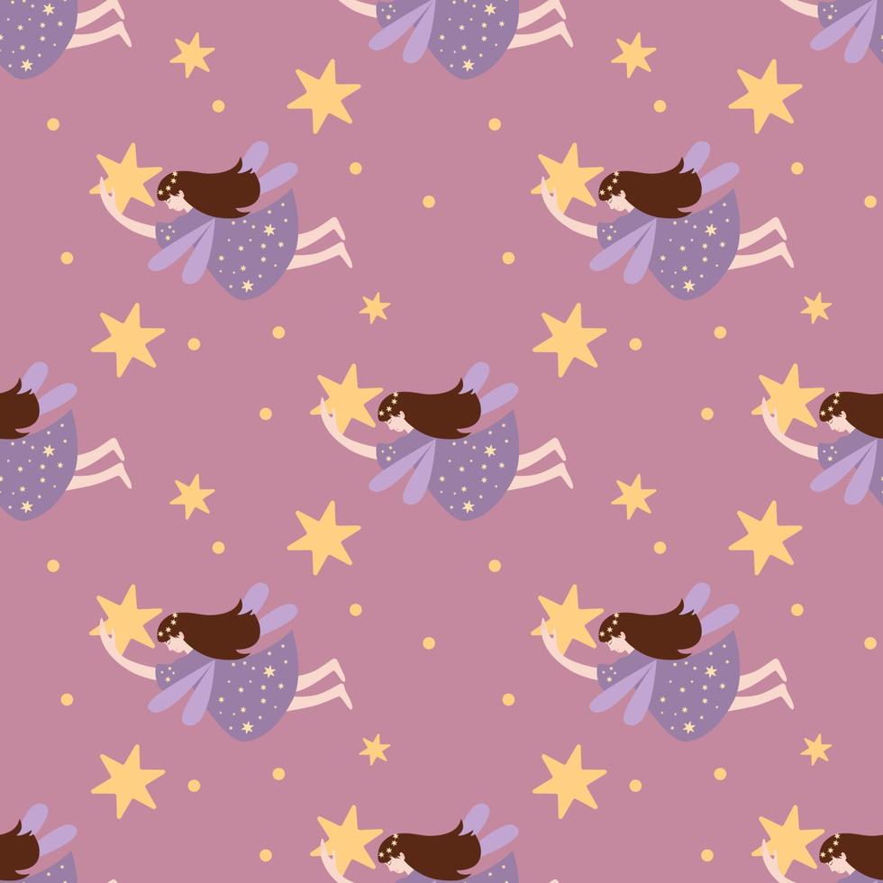 Seamless vector pattern with flying smiling and sleeping fairy holding a star. Good night or sweet dreams concept in pastel colors.