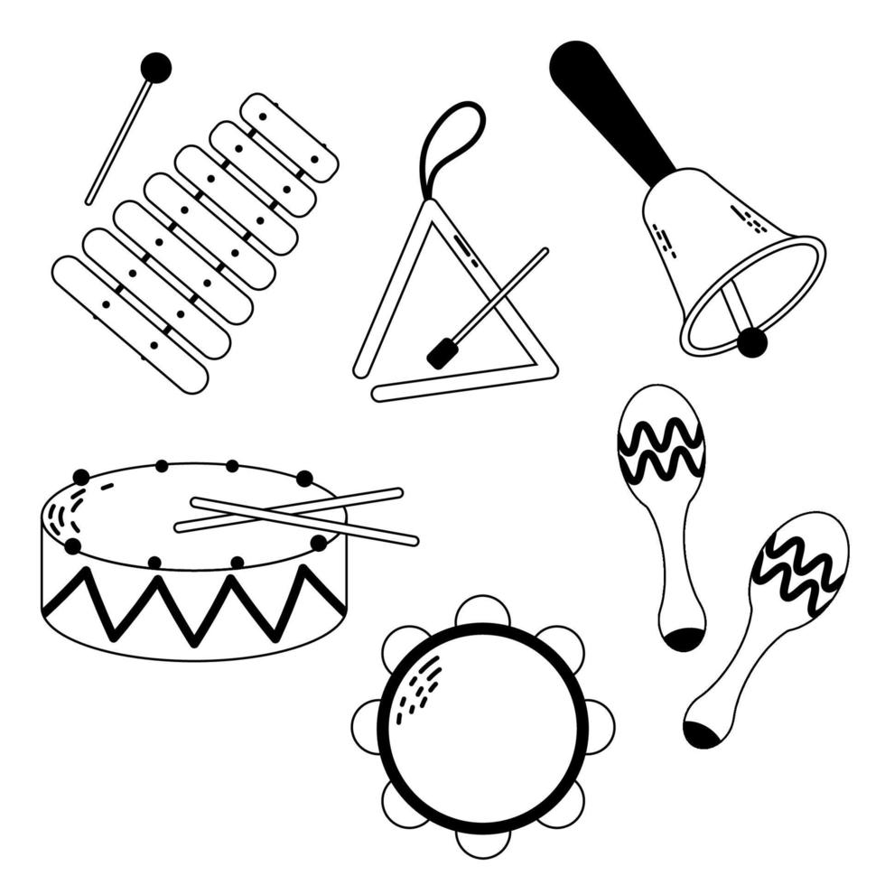 Vector set of kids musical instruments drawn in graphic flat style. Isolated on white background cute childrens musical toys - drum, maracas, triangle, bell, xylophone, tambourine.