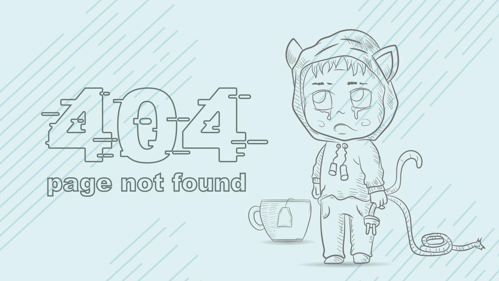 error 404 page not found funny little man Chibi contour drawing holding a broken wire illustration for design design vector