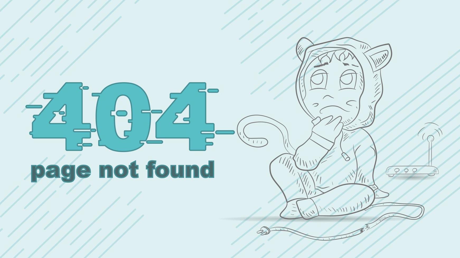 error 404 page not found funny outline a little man Chibi sits thoughtfully next to a broken wire illustration for the design of the 404 page not found vector