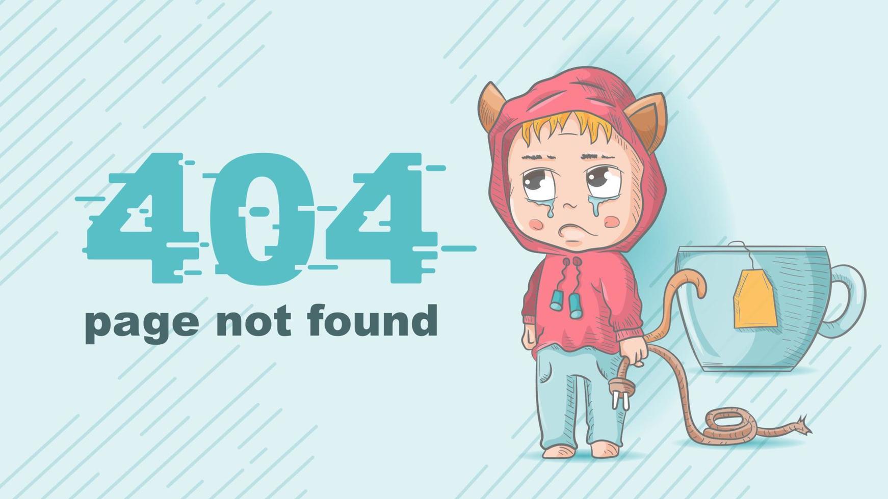 error 404 page not found funny little man Chibi holding a broken wire illustration for design design vector