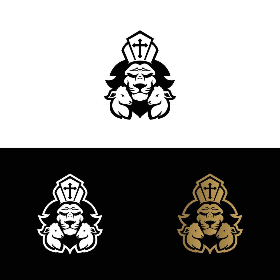 lion logo vector with holy pope hat loving two lambs